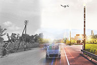 Immagine di un drone che sorvola una strada