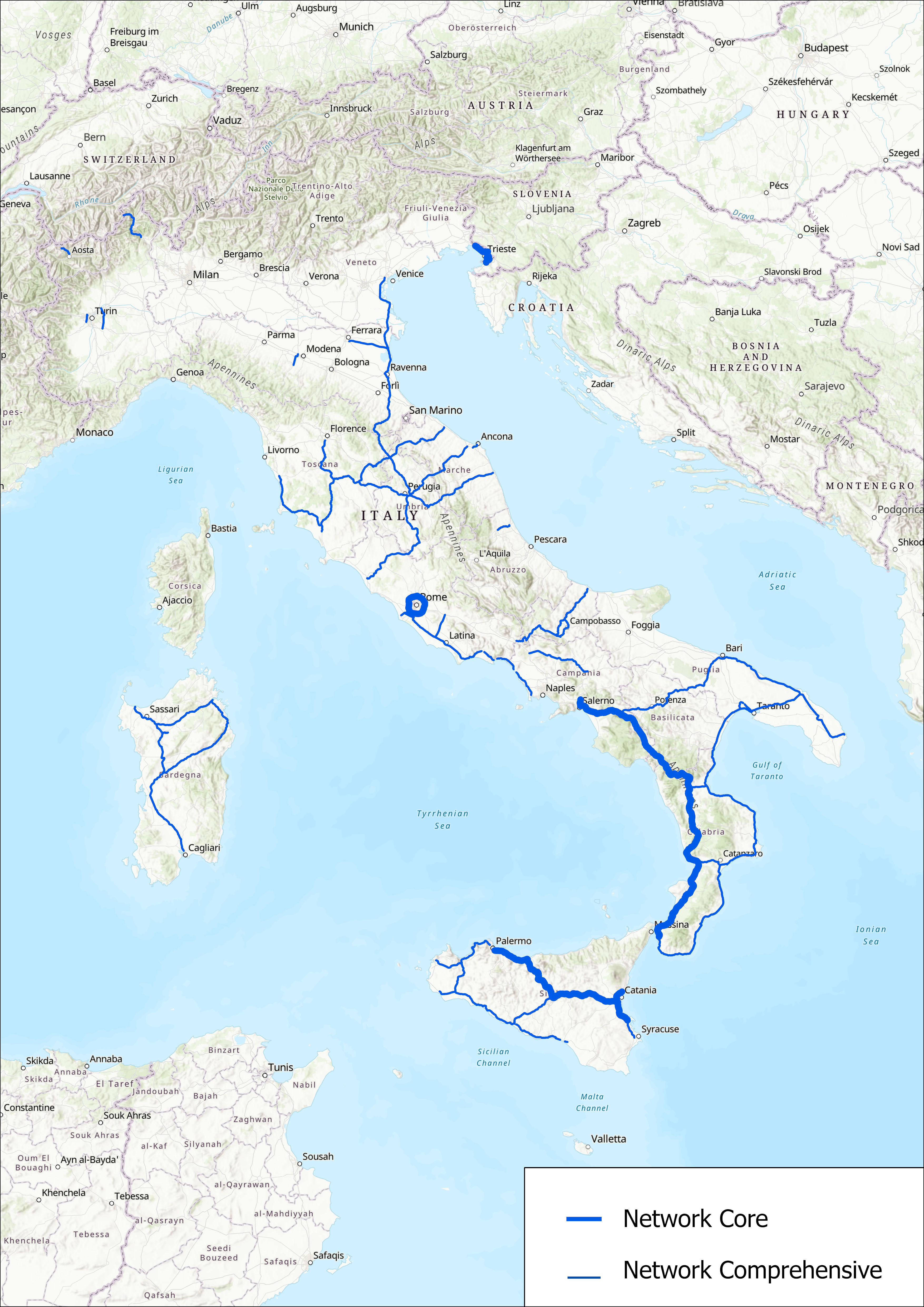 Mappa rete stradale TEN-T Italia